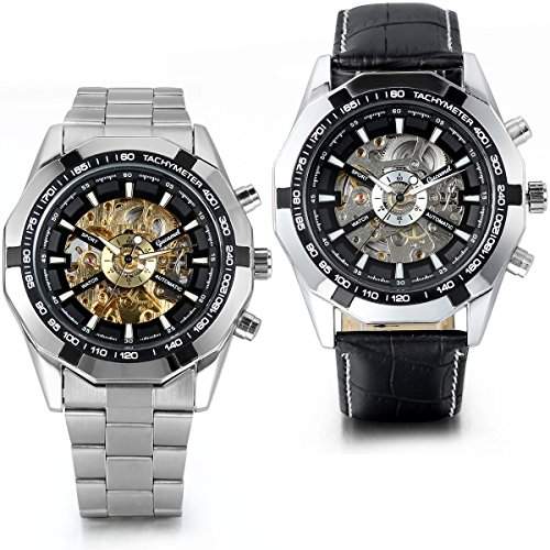 JewelryWe Herren Armbanduhr, Analog Quarz, Fashion Business Casual Mechanische Automatische Uhr mit Leder Armband, Schwarz Bezel Skelett Zifferblatt