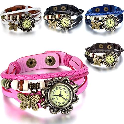 JewelryWe 5PCS Damen Armbanduhr, Retro Vintage Analog Quarz Uhr mit Schmetterling Beads Kugeln Charm Leder Armkette Armband, 5 verschiedene Farben