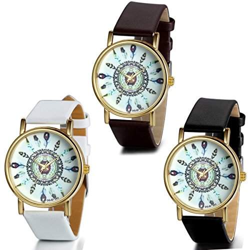 JewelryWe 3PCS Damen Armbanduhr, Charm Casual Analog Quarz Leder Armband Uhr mit Einzigartig Indischem Stammem Zifferblatt, 3 Farben