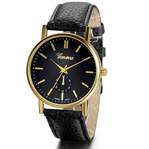JewelryWe Herren Damen Armbanduhr, Fashion Business Casual Analog Quarz Leder Armband Uhr mit Einfach Zifferblatt, Schwarz