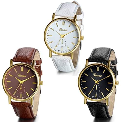 JewelryWe 3PCS Herren Damen Armbanduhr, Fashion Business Casual Analog Quarz Leder Armband Uhr mit Einfach Zifferblatt, 3 Farben
