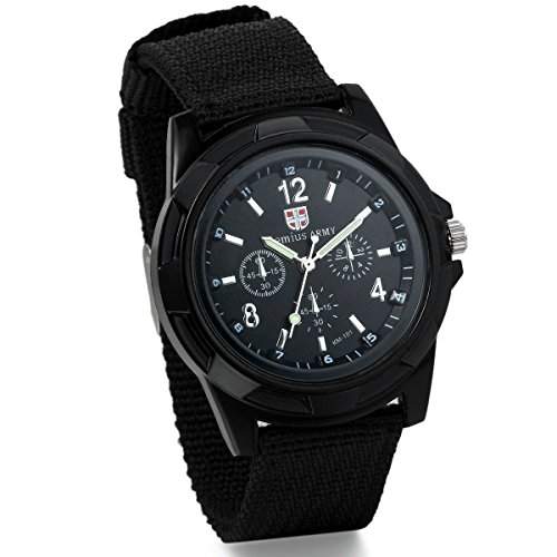 JewelryWe Herren Armbanduhr, Analog Quarz Piloten Outdoor-Sportuhr Schwarz Textil Armband Uhr mit Schwarz Digital Zifferblatt