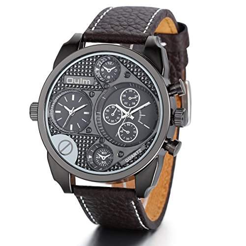 JewelryWe Herren Armbanduhr, Elegant Casual Sportuhr Analog Quarz Kaffee Leder Armband Uhr mit Schwarz Grosse Zifferblatt