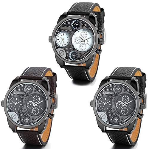 JewelryWe 3PCS Herren Armbanduhr, Elegant Casual Sportuhr Analog Quarz Leder Armband Uhr mit Grosse Zifferblatt, 3 Modellen