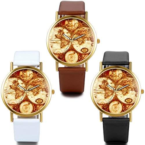 JewelryWe Damen Armbanduhr, Retro Casual Analog Quarz Leder Armband Uhr mit Gold Weltkarte Zifferblatt, Schwarz Uhrenarmband