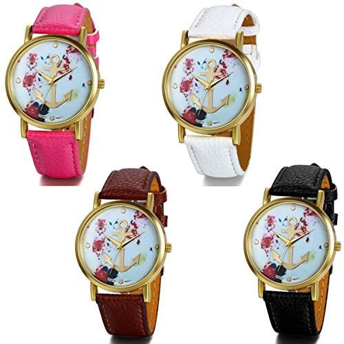 JewelryWe Damen Armbanduhr, Klassisch Retro Casual Analog Quarz Leder Armband Uhr mit Basel-Stil Rose Blumen Anker Zifferblatt, Rosa Uhrenarmband