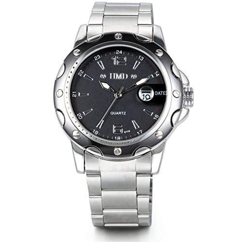 JewelryWe Herren Armbanduhr, Business Casual Charm Konvex Kalender Analog Quarz Uhr mit Edelstahl Armband, Silber Schwarz