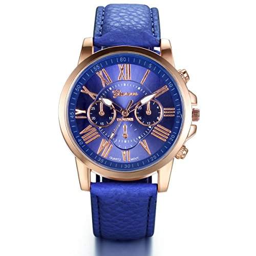 JewelryWe Damen Armbanduhr, Elegant Exquisit Casual Analog Quarz Leder Armband Uhr mit bonbonfarbenen Roemischen Ziffern Zifferblatt, Blau