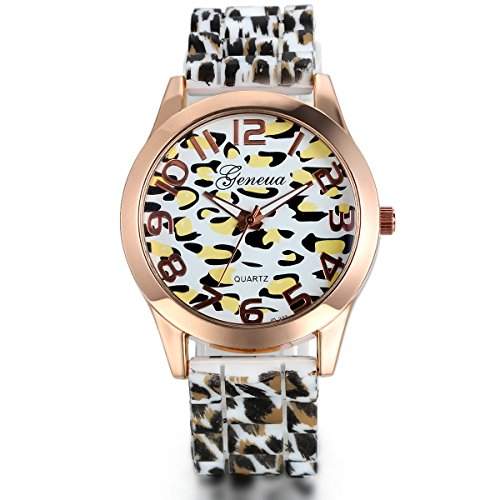 JewelryWe Damen Armbanduhr, Elegant Casual Leopard Analog Quarz Silikon Armband Uhr mit Digital Zifferblatt, Weiss