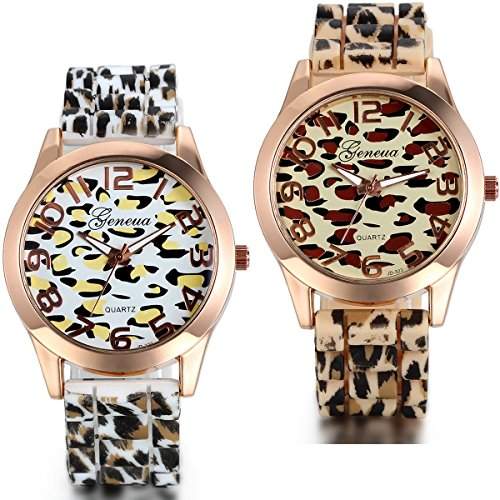 JewelryWe 2pcs Damen Armbanduhr, Elegant Casual Leopard Analog Quarz Silikon Armband Uhr mit Digital Zifferblatt, Weiss Gelb