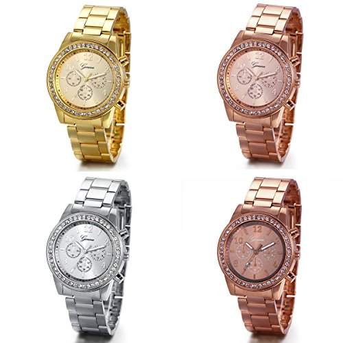 JewelryWe Herren Damen Armbanduhr, Elegant Shiny Business Casual Analog Quarz Edelstahl Armband Uhr mit Strass Digital Zifferblatt, Gold
