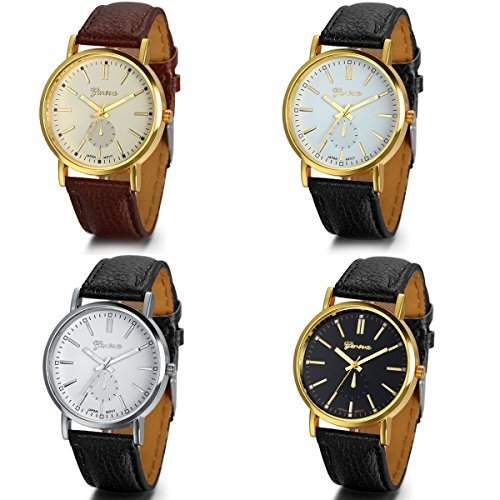 JewelryWe 4pcs Herren Damen Armbanduhr, Einfach Klassiker Business Casual Analog Quarz Leder Armband Uhr mit verschiedene Farben Zifferblatt, 4 Modellen