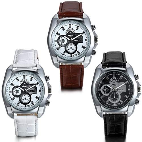 JewelryWe 3pcs Herren Armbanduhr, Wasserdicht Analog Quarz, Elegant Sport Casual Uhr mit Leder Armband, Schwarz Braun Weiss