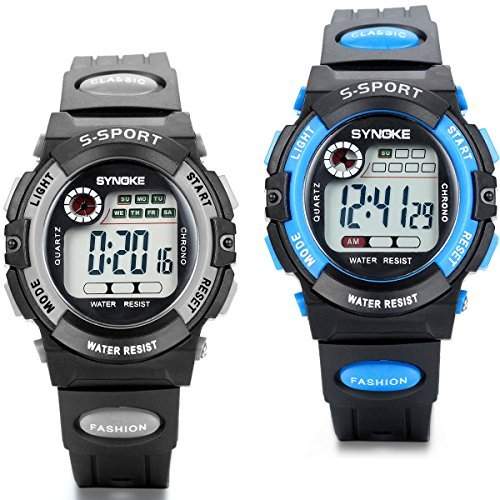 JewelryWe 2pcs Jungen Maedchen Kinder Armbanduhr, LED Digital Elektronische Sport Uhr Multi-funktion Uhren mit Silikon Armband, Schwarz Blau