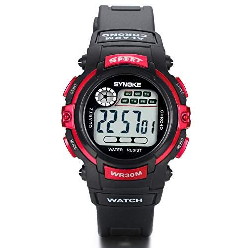 JewelryWe Herren Armbanduhr, Wasserdicht LED Digital Multi-funktion Elektronische Sport Uhr mit Silikon Armband, Schwarz Rot