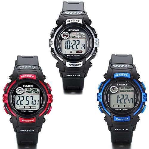 JewelryWe 3pcs Herren Armbanduhr, Wasserdicht LED Digital Multi-funktion Elektronische Sport Uhr mit Silikon Armband, Schwarz Rot Blau Silber