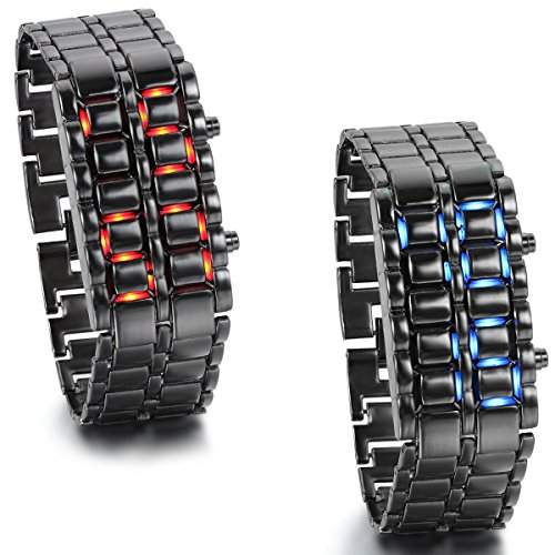 JewelryWe 2pcs Herren Armbanduhr, BlauRot LED Digitaluhr Uhr Sportuhr Schwarz Armband Unisex Samurai Watch