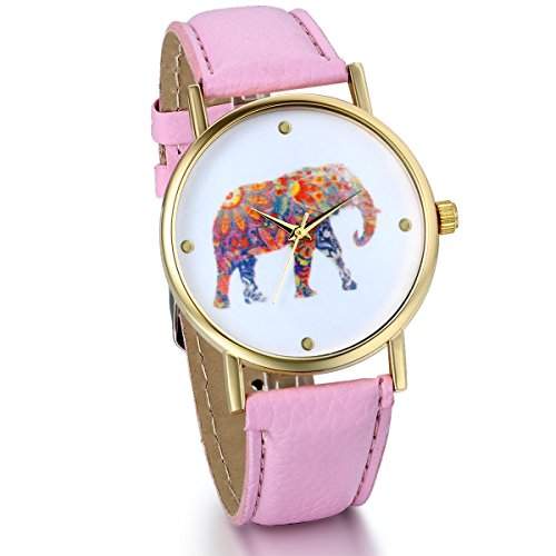 JewelryWe Damen Armbanduhr, Elegant Charm Analog Quarz Leder Armband Uhr mit Bunt Elefant Zifferblatt, Pink