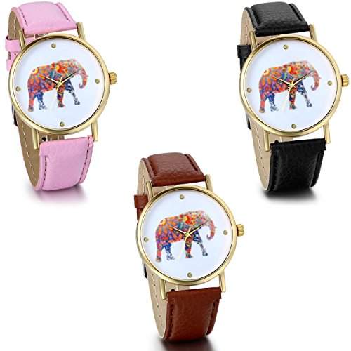 JewelryWe 3pcs Damen Armbanduhr, Elegant Charm Analog Quarz Leder Armband Uhr mit Bunt Elefant Zifferblatt, 3 Farben