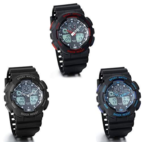 JewelryWe 3pcs Herren Armbanduhr, Fashion Coole Multifunktions-Sportuhr Analog - Digital Quarz Uhr mit Resin Armband, Rot Blau Schwarz