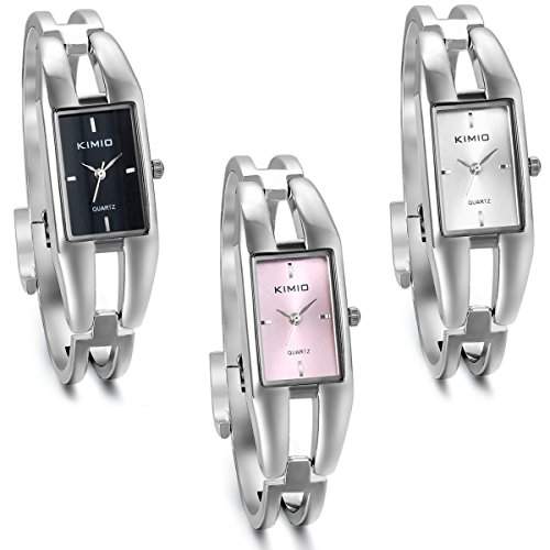 JewelryWe 3pcs Damen Armbanduhr, Elegant Charm Casual Analog Quarz Uhr mit Rechteck Zifferblatt, 3 Farben