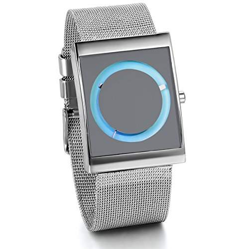 JewelryWe Herren Damen Armbanduhr, Neue Fashion Mesh Armband Analog Quarz Uhr mit Quadrat Blau Zifferblatt, Silber
