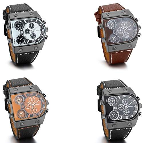 JewelryWe 4pcs Set Herren Armbanduhr, 3 Zeitzone uebergrosse Militaer Sportuhr Analog Quarz Uhr mit Leder Armband, 4 Modellen