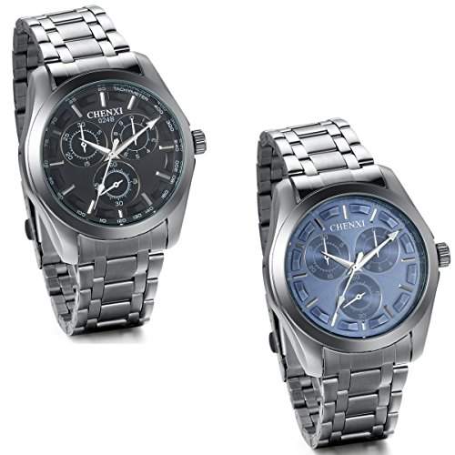 JewelryWe 2pcs Herren-Armbanduhr, Analog Quarz, Einfach Elegant Business Casual Uhr mit Edelstahl Armband, Schwarz Blau Zifferblatt