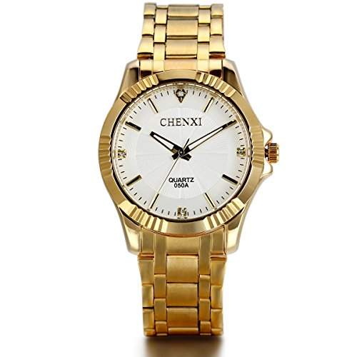 JewelryWe Herren Armbanduhr, Analog Quarz, Luxus Strass Business Casual Uhr mit Gold Edelstahl Armband