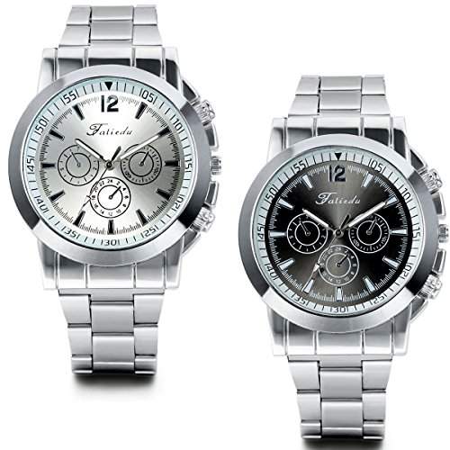 JewelryWe 2PCS Herren Armbanduhr, Analog Quarz Wasserdicht, Einfach Elegant Business Edelstahl Armband Uhr mit Schwarz Silber Zifferblatt