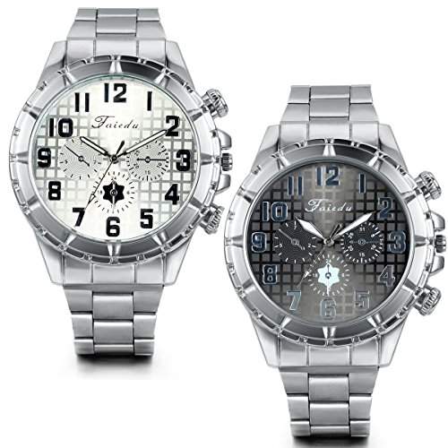 JewelryWe 2PCS Herren Armbanduhr, Analog Quarz, Fashion Atmosphaerisch Business Edelstahl Armband Uhr mit Schwarz Silber Digital Zifferblatt