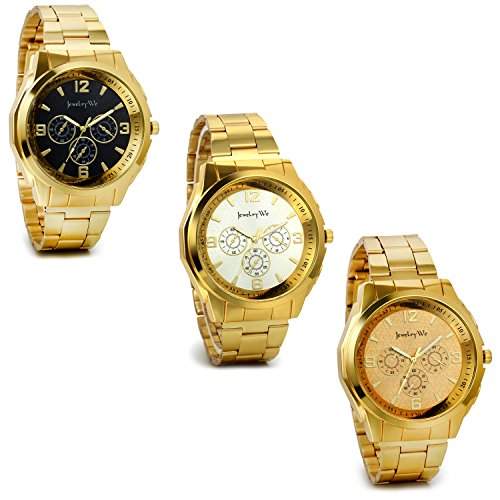 JewelryWe 3PCS Herren Armbanduhr, Edelstahl Legierung, Luxus Elegant Business Analog Quarz Uhr mit Gold Schwarz Silber Digital Zifferblatt
