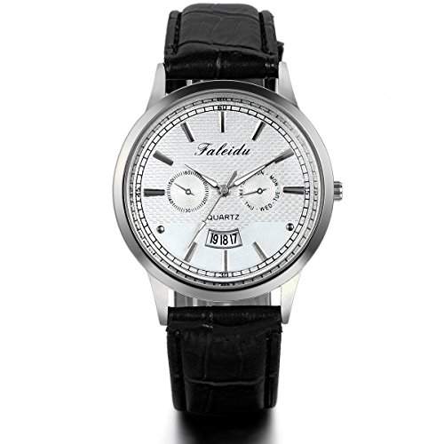 JewelryWe Herren Armbanduhr, Business Kalender Analog Quarz Uhr mit Leder Uhrenarmband, Schwarz