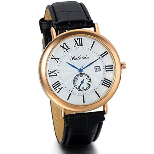 JewelryWe Herren Armbanduhr, Business Casual Kalender Analog Quarz Uhr mit Schwarz Leder Armband & Roemischen Ziffern Zifferblatt