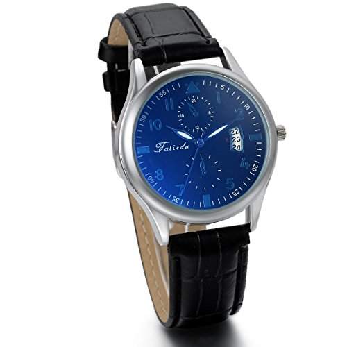 JewelryWe Herren Armbanduhr, Analog Quarz, Klassiker Business Kalender Uhr mit Schwarz Leder Armband & Blau Arabischen Ziffern Zifferblatt