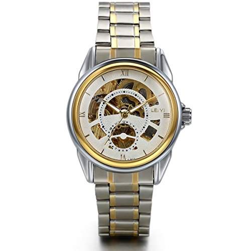 JewelryWe Herren Automatik Armbanduhr, Business Casual Skelett Automatisch Mechanisch Uhr Automatikuhr mit Edelstahl Armband, Gold Silber