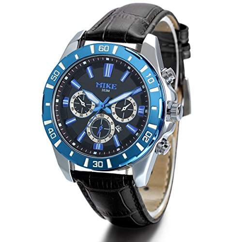 JewelryWe Herren Armbanduhr, Analog Quarz, Fashion Casual Kalender Sport Uhr mit Leder Armband, Schwarz Blau