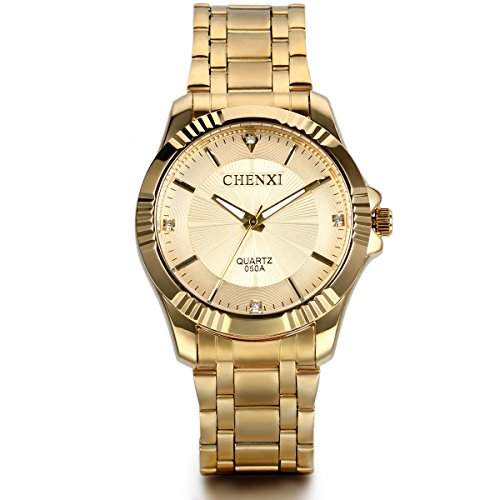 JewelryWe Herren Armbanduhr, Analog Quarz, Luxus Strass Business Casual Uhr mit Gold Edelstahl Armband & Gold Zifferblatt