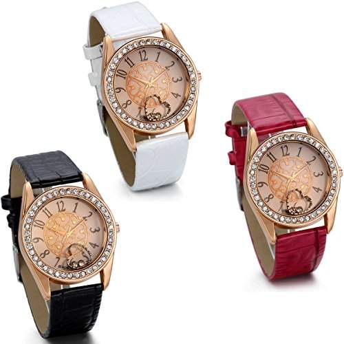 JewelryWe Damen Maedchen Armbanduhr, Fashion Casual Analog Quarz Uhr mit Leder Armband & Strass Rund Digital Zifferblatt, Schwarz