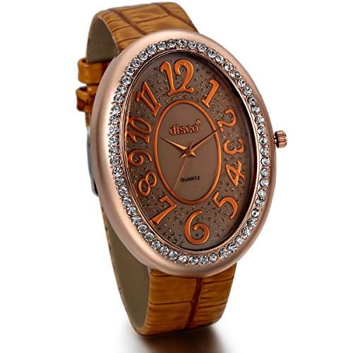 JewelryWe Damen Armbanduhr, Analog Quarz, Charm Glaenzend Strass Oval Zifferblatt Uhr mit Krokodil Muster Leder Armband, Kaffee