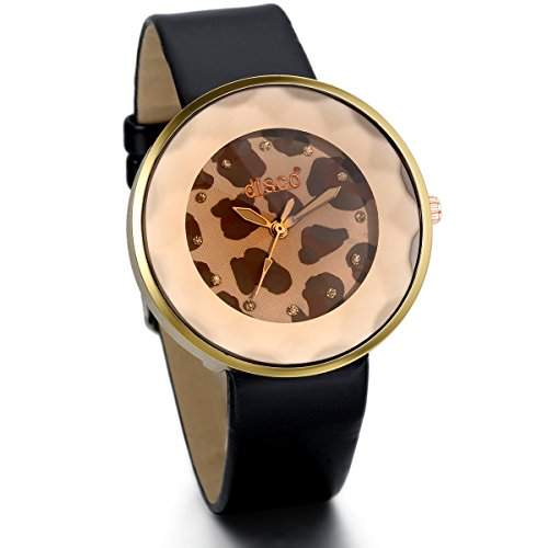 JewelryWe Damen Armbanduhr, Analog Quarz, Klassiker Casual Leopard Rund Zifferblatt Uhr mit Leder Armband, Schwarz