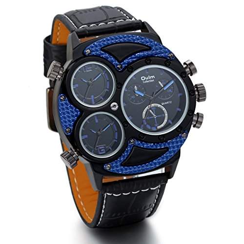JewelryWe Herren Armbanduhr, Analog Quarz, Fashion grosse Casual Sport Leder Armband Uhr mit Blau 3 Zeitzonen Zifferblatt