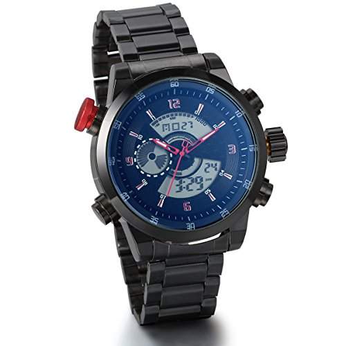 JewelryWe Herren Armbanduhr, Analog - Digital Quarz, Charm Cool Multifunktions Edelstahl Armband Uhr mit Datum Alarm Stoppuhr LED Licht