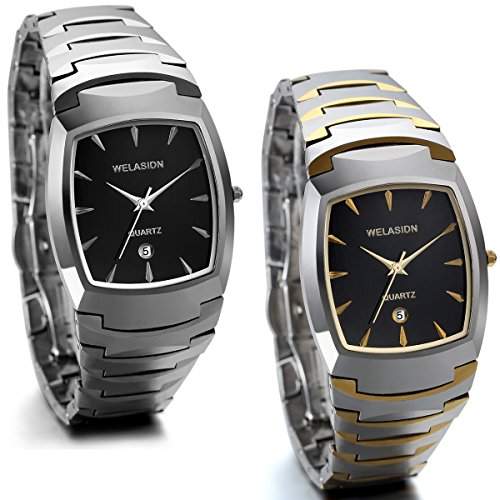 JewelryWe 2pcs Herren Armbanduhr, Luxus Edle Business Casual Kalender Analog Quarz Uhr mit Wolfram Wolframcarbid Armband, Silber Gold