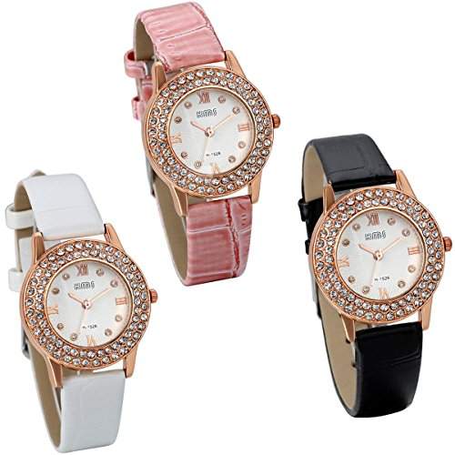 JewelryWe Damen Maedchen Armbanduhr, Analog Quarz, Fashion Casual Leder Armband Uhr mit Doppel Linien Strass Roemischen Ziffern Zifferblatt, Pink