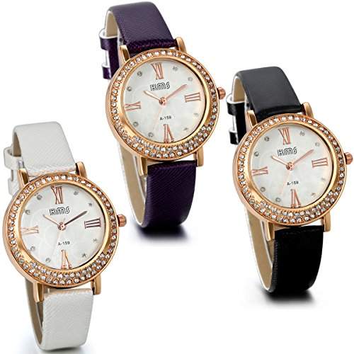 JewelryWe Damen Maedchen Armbanduhr, Casual Exquisit Analog Quarz Leder Armband Uhr mit Strass Roemischen Ziffern Zifferblatt, Schwarz
