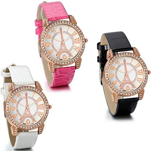JewelryWe Damen Maedchen Armbanduhr, Analog Quarz, Charm Casual Leder Armband Uhr mit Strass Eiffelturm Digital Zifferblatt, Schwarz