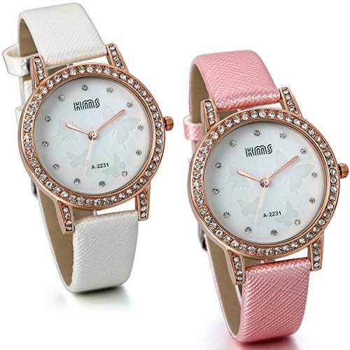 JewelryWe Damen Maedchen Armbanduhr, Analog Quarz, Exquisit Elegant Leder Armband Uhr mit Strass Schmetterling Zifferblatt, Pink Weiss