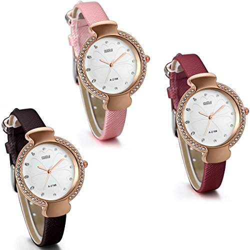 JewelryWe Damen Maedchen Armbanduhr, Analog Quarz, Fashion Elegant Leder Armband Uhr mit Strass Herz Kleeblatt Zifferblatt, Pink