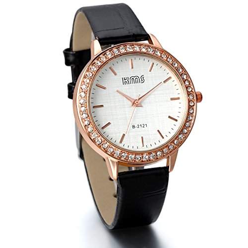 JewelryWe Damen Armbanduhr, Analog Quarz, Einfach Business Casual Leder Armband Uhr mit Strass Rundem Zifferblatt, Schwarz